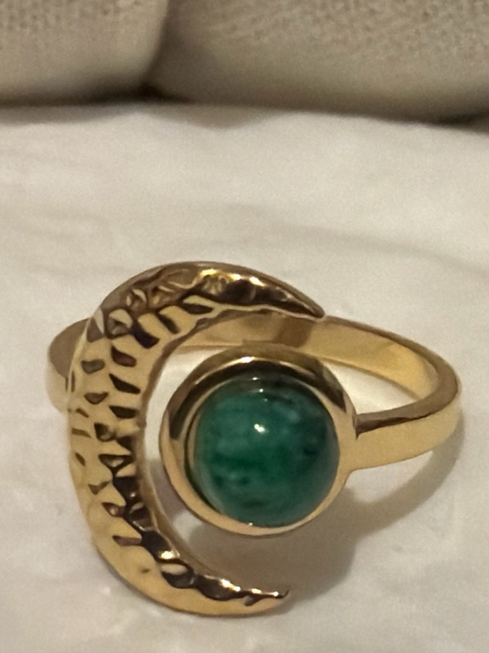 Gold Crescent Ring with Green Stone